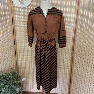 Vintage Rust & Black Floral And Striped Midi Dress With Button-Front & Tie Waist